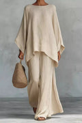 Solid Color Long Sleeve Top and Wide Leg Pants Set Beige / S
