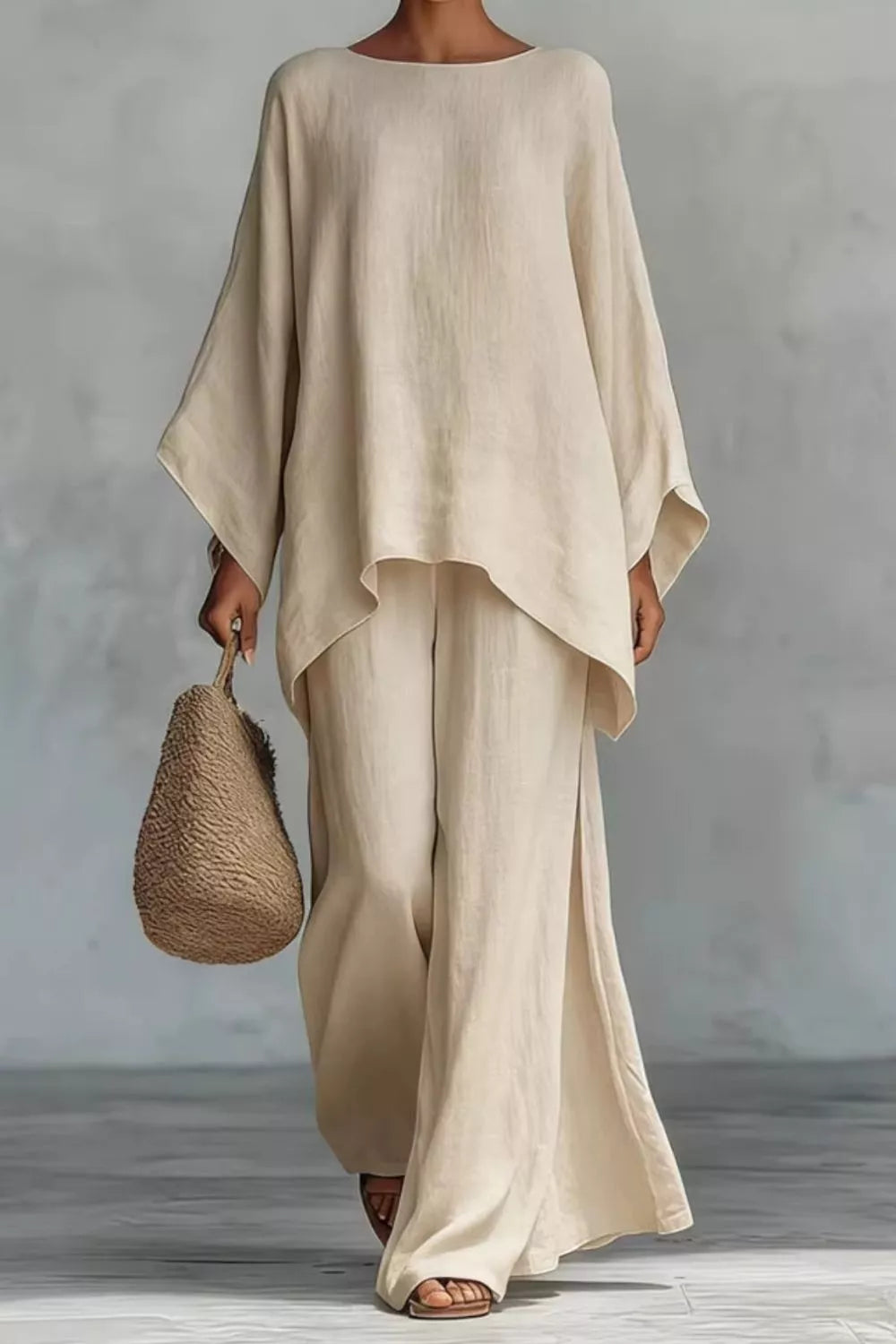 Solid Color Long Sleeve Top and Wide Leg Pants Set Beige / S