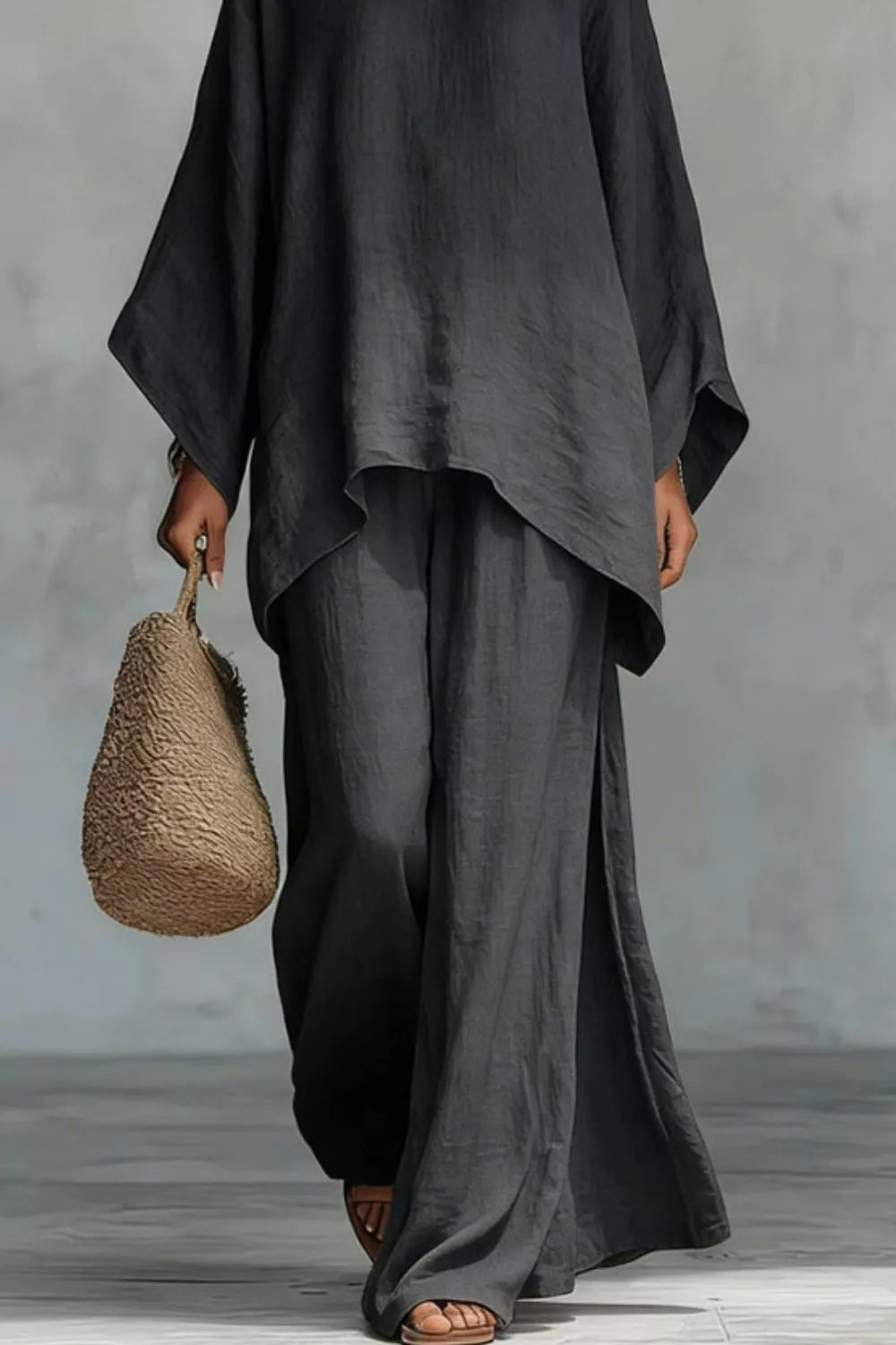 Solid Color Long Sleeve Top and Wide Leg Pants Set Black / S