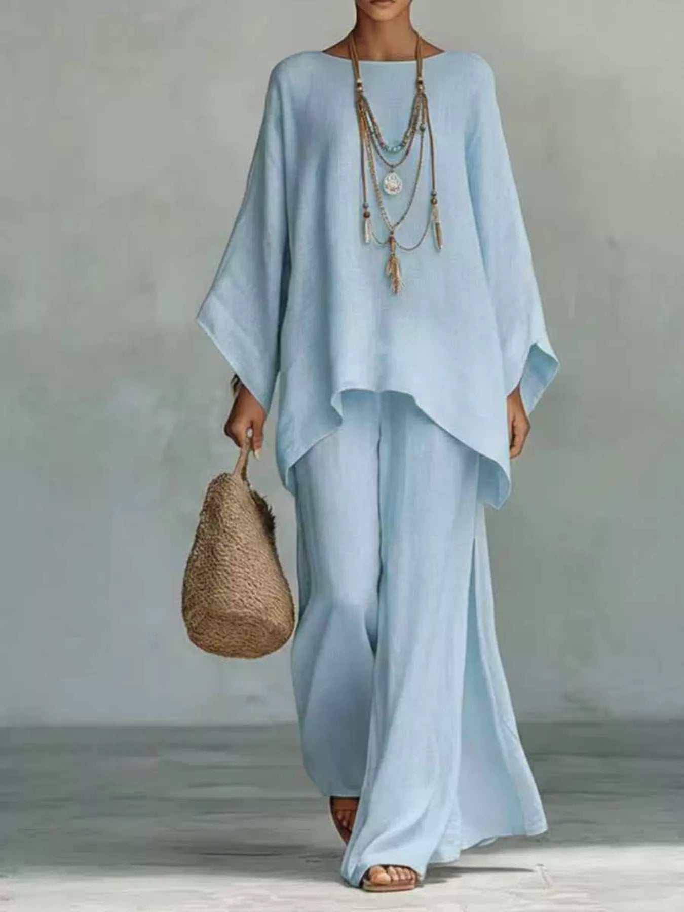 Solid Color Long Sleeve Top and Wide Leg Pants Set Light Blue / S