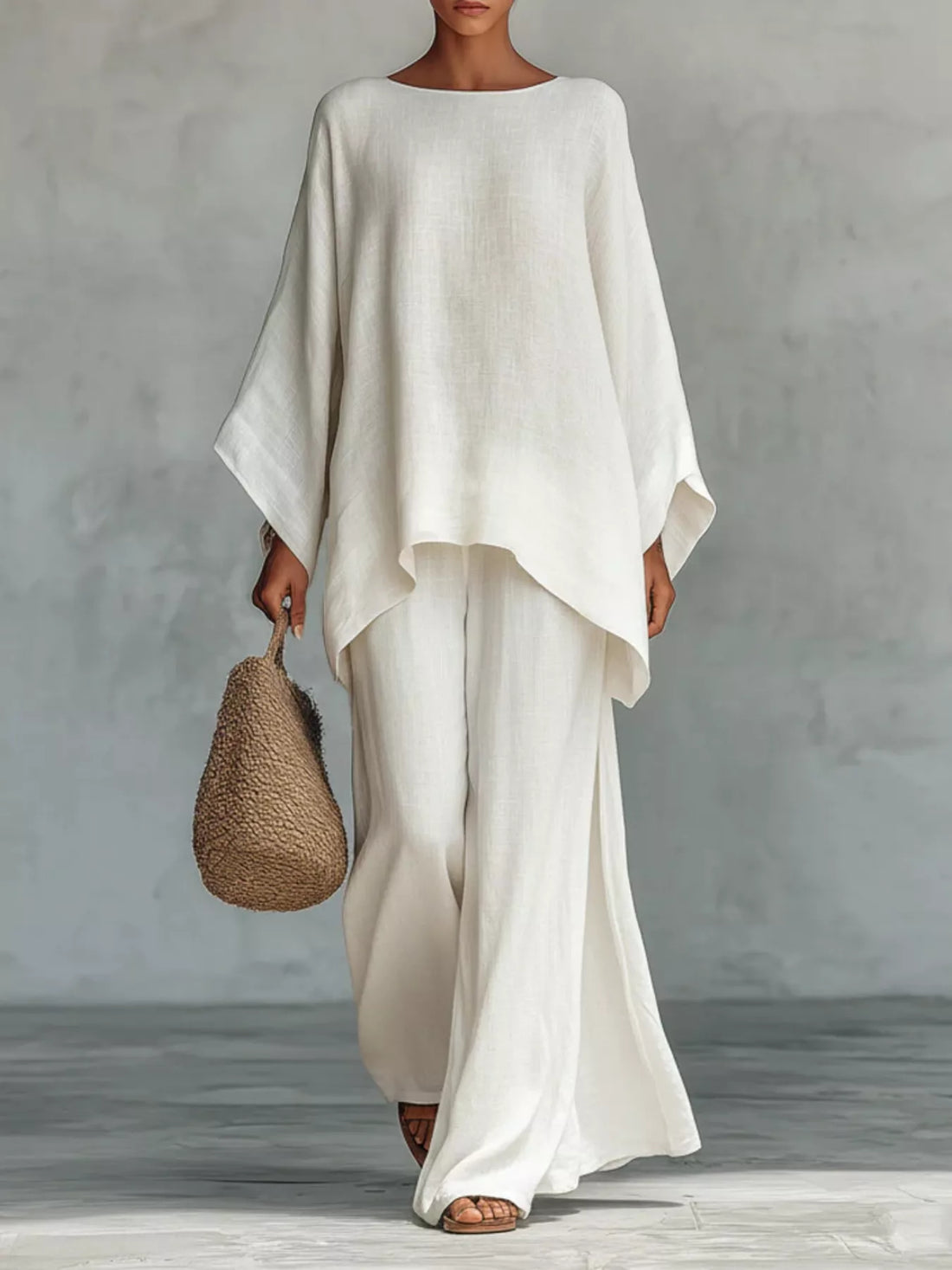 Solid Color Long Sleeve Top and Wide Leg Pants Set White / S