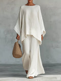 Solid Color Long Sleeve Top and Wide Leg Pants Set White / S