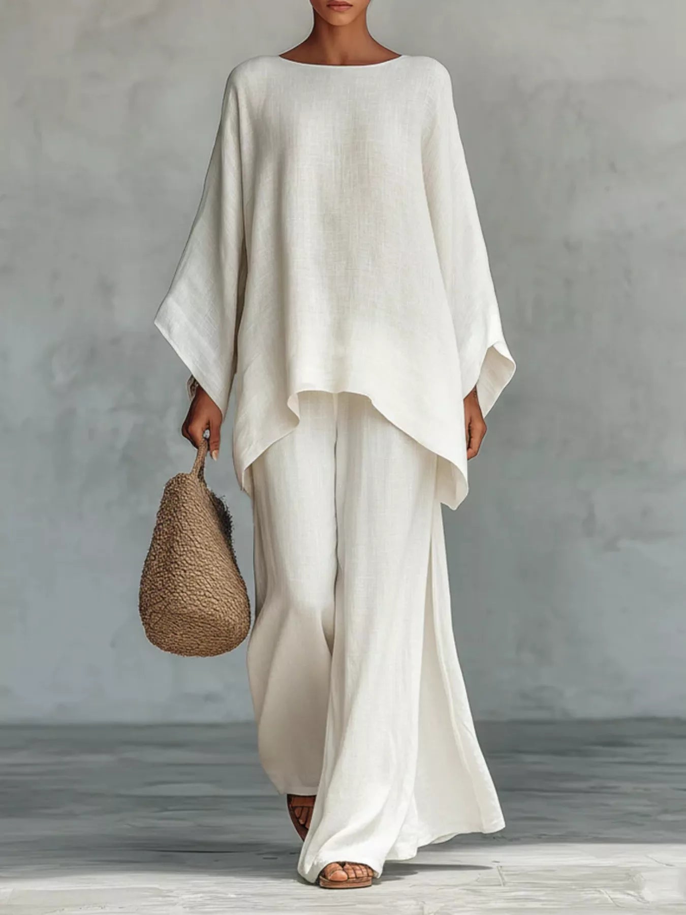 Solid Color Long Sleeve Top and Wide Leg Pants Set White / S