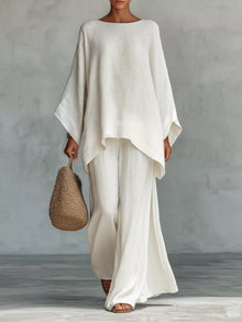Solid Color Long Sleeve Top and Wide Leg Pants Set