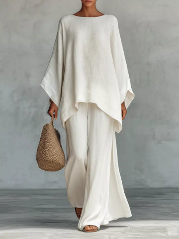 Solid Color Long Sleeve Top and Wide Leg Pants Set White / S