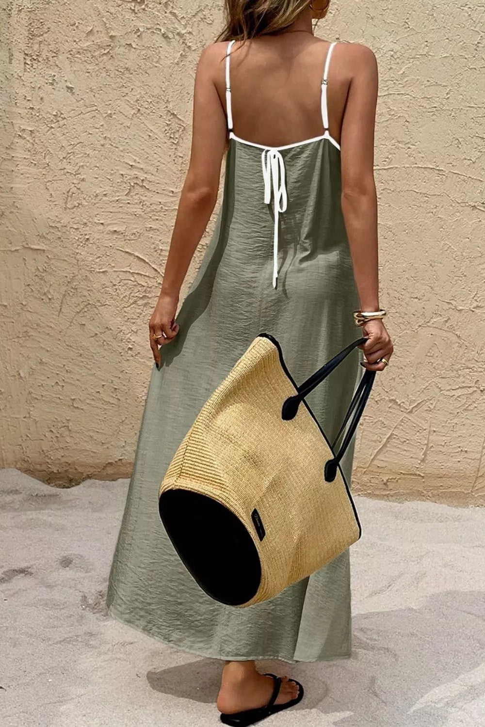 Spaghetti Strap Maxi Dress with Contrast Trim Matcha Green / S