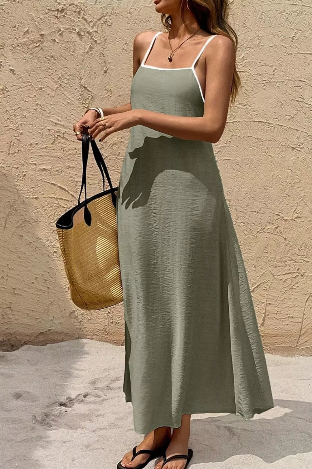 Spaghetti Strap Maxi Dress with Contrast Trim Matcha Green / S