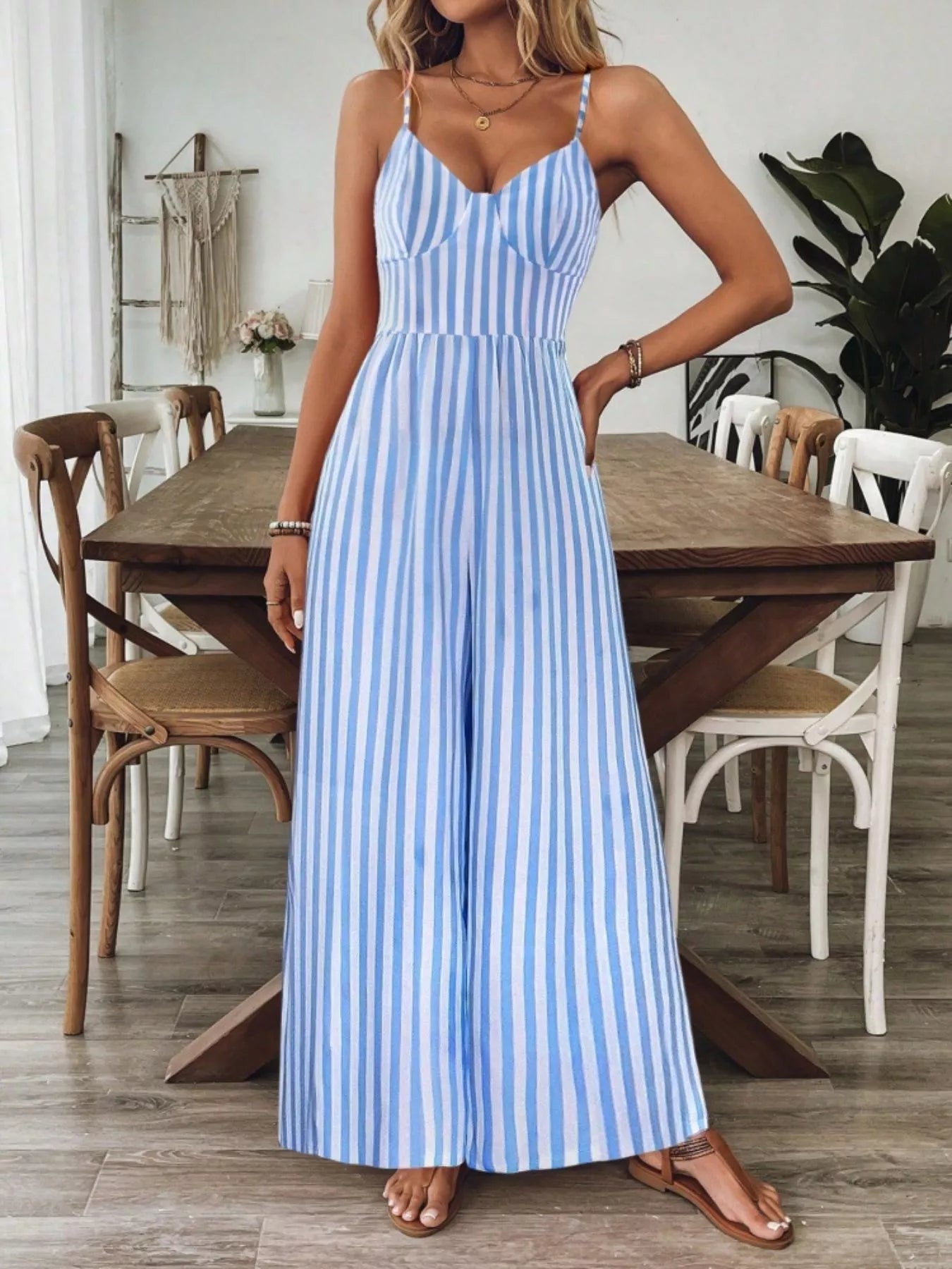 Spaghetti Strap Wide Leg Jumpsuit Light Blue / S