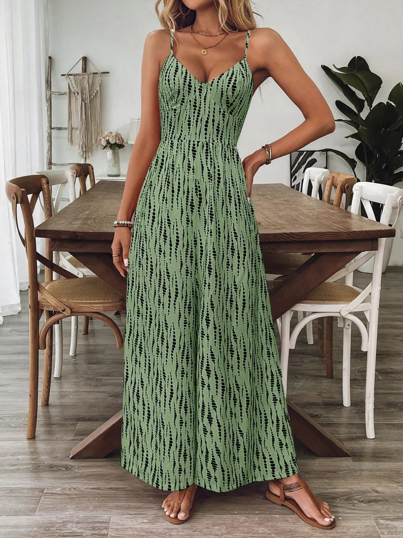 Spaghetti Strap Wide Leg Jumpsuit Matcha Green / S