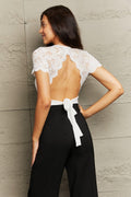 Spliced Lace Open Back Bodysuit White / S