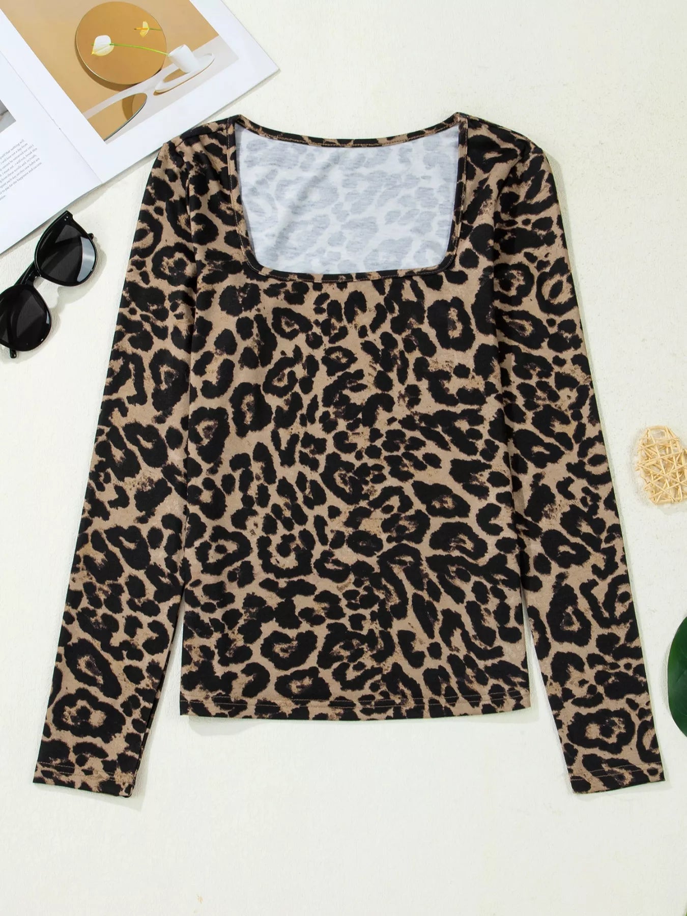 Leopard Print Square Neck Long Sleeve Top