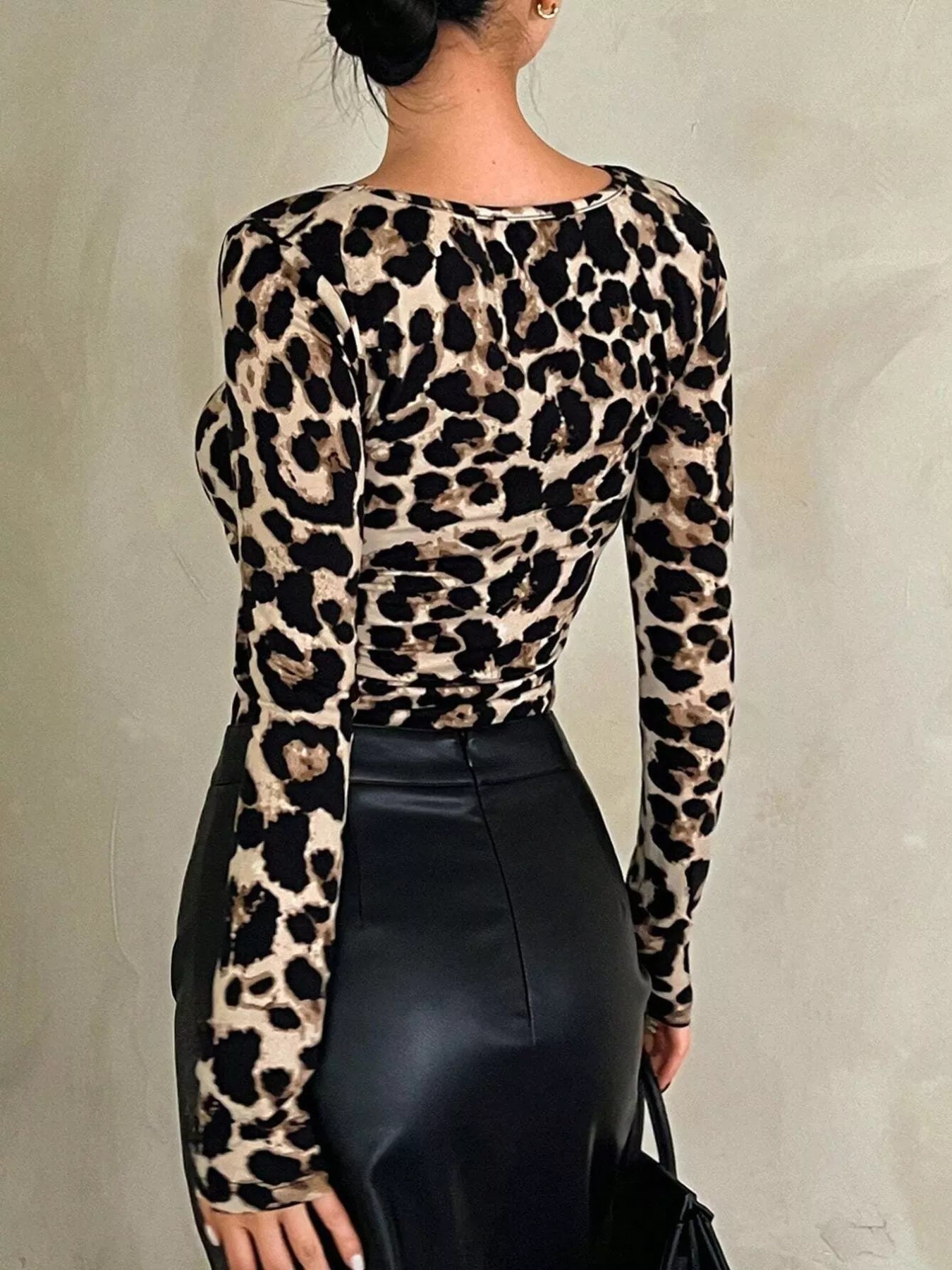 Leopard Print Square Neck Long Sleeve Top