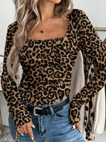 Square Neck Long Sleeve Top in Leopard Print