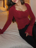 Lace Trim Square Neck Long Sleeve Top