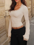 Lace Trim Square Neck Long Sleeve Top