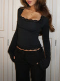 Lace Trim Square Neck Long Sleeve Top