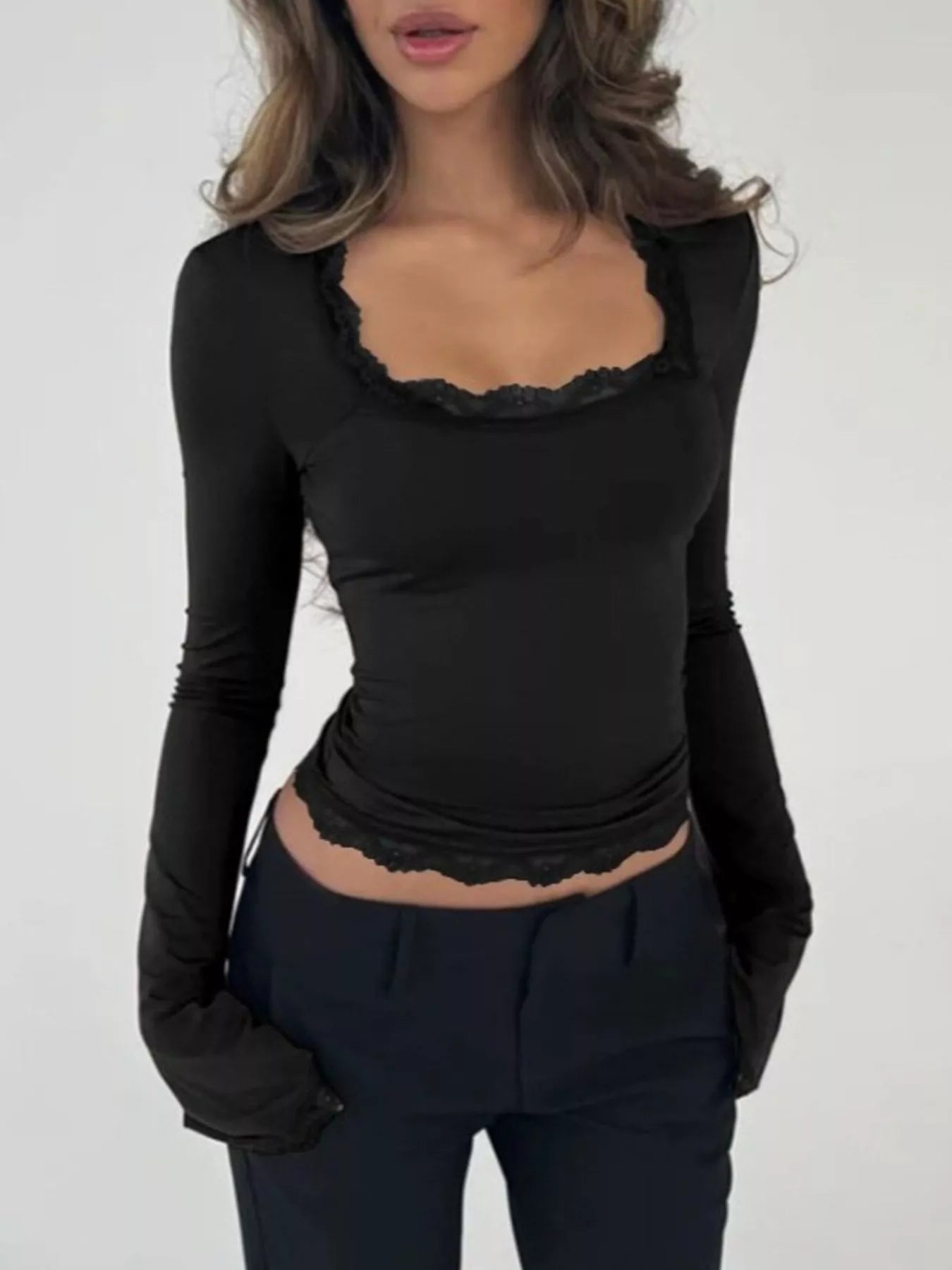 Lace Trim Square Neck Long Sleeve Top Black / S