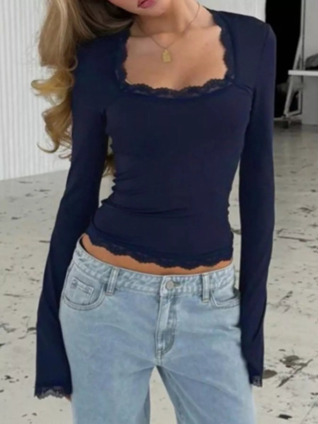 Lace Trim Square Neck Long Sleeve Top Dark Blue / S