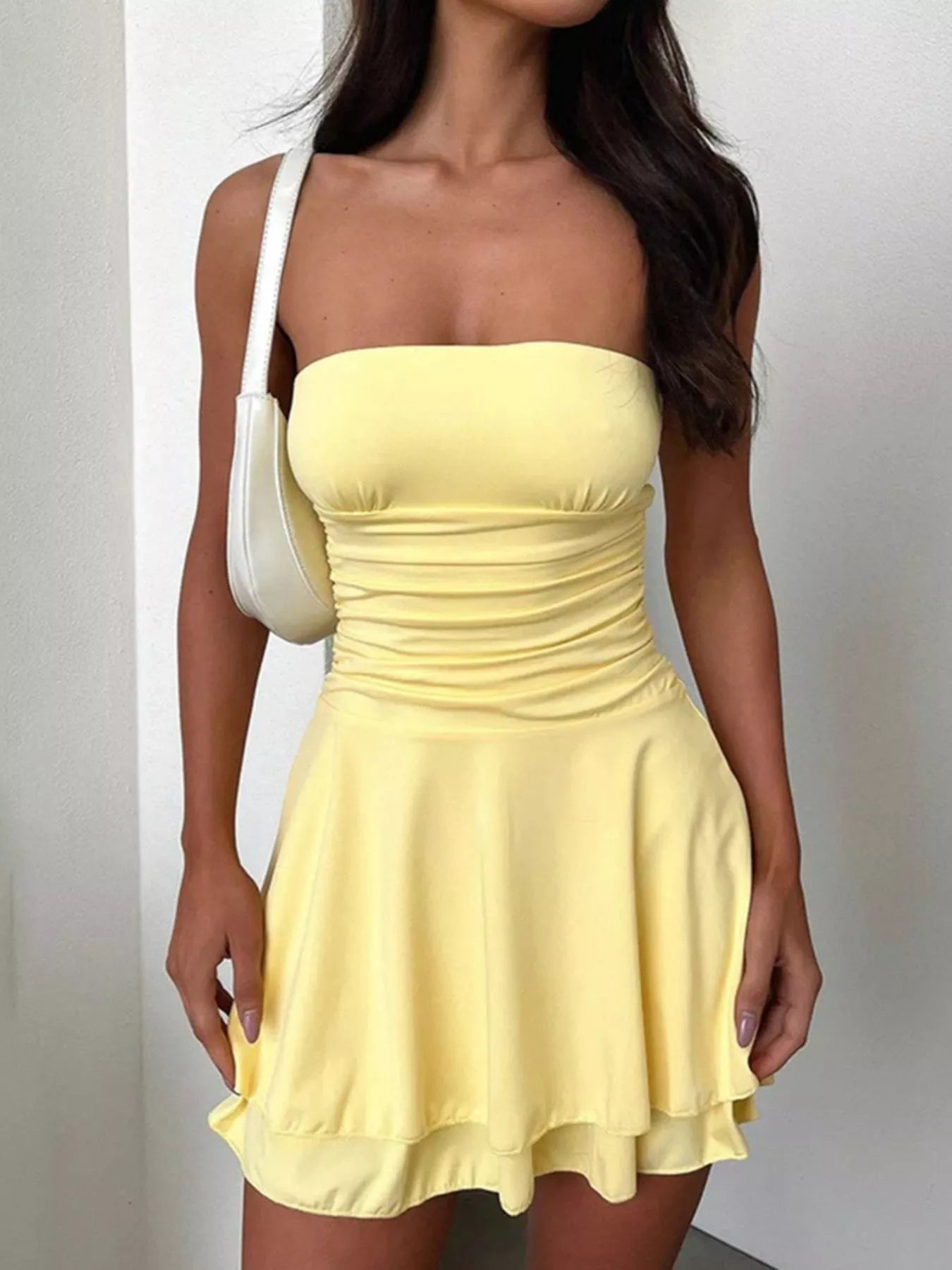 Strapless Ruched Bodycon Mini Dress Pastel Yellow / S