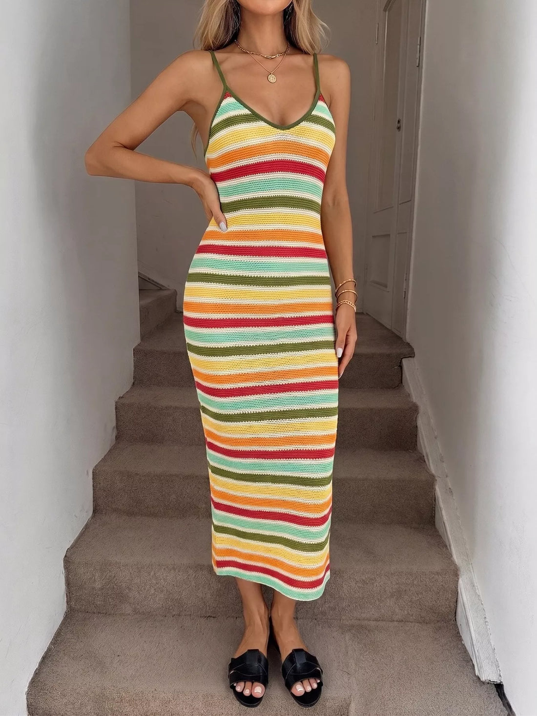 Striped Bodycon Knit Midi Dress Army Green / S