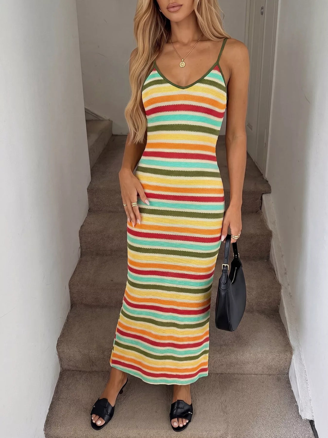 Striped Bodycon Knit Midi Dress Army Green / S