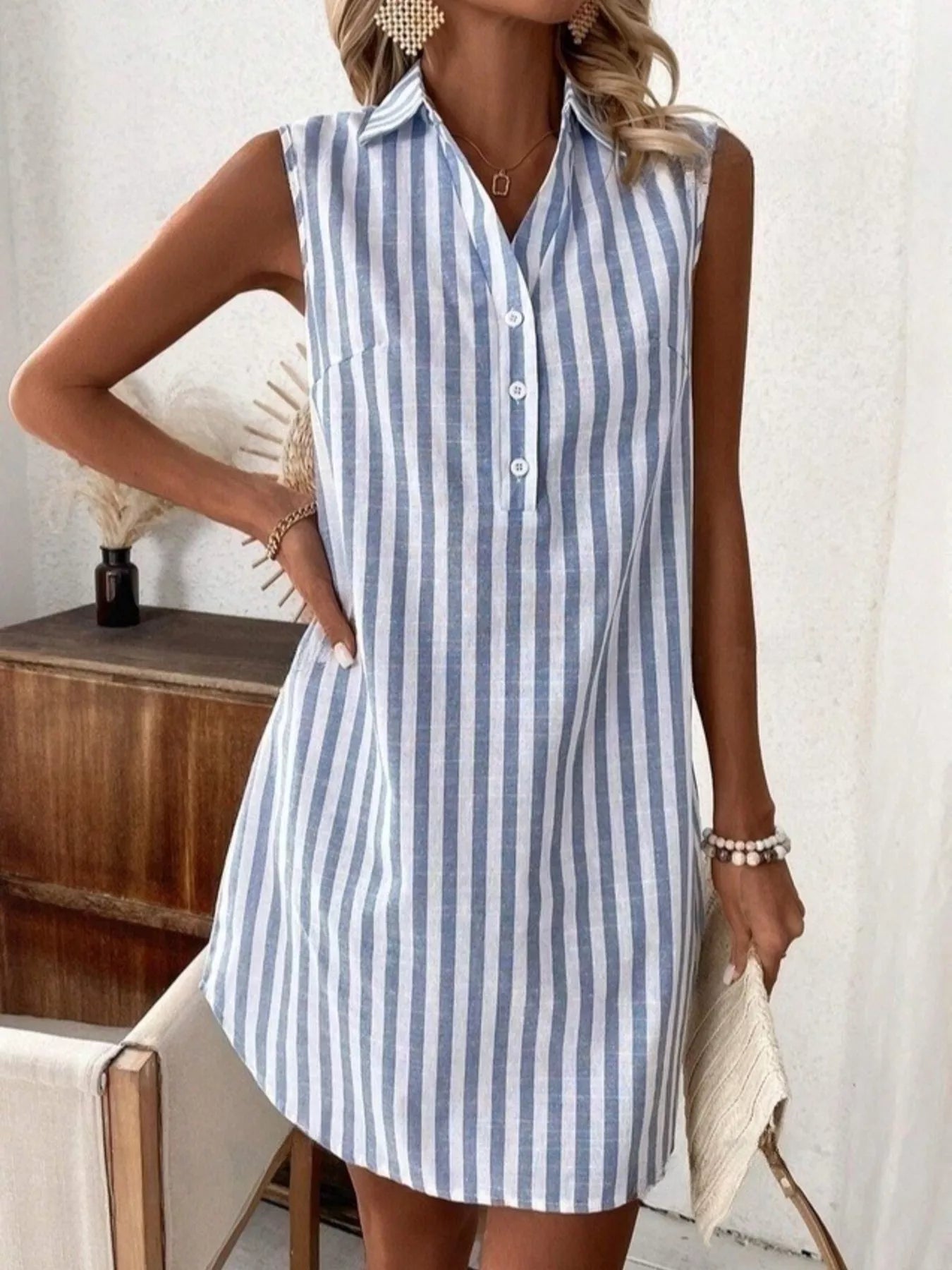 Sleeveless Striped Button-Detail Shirt Dress - product view 2