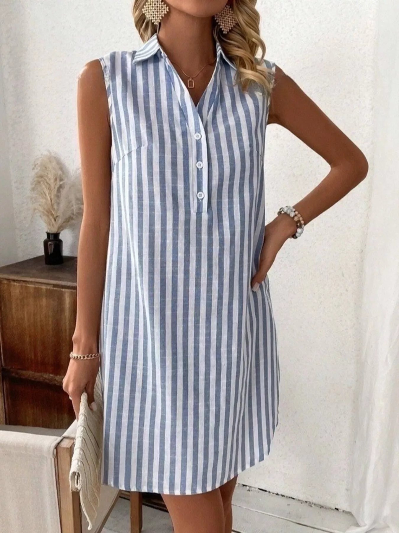 Sleeveless Striped Button-Detail Shirt Dress - product view 3