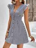 Striped Button Front Cap Sleeve Dress