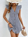 Striped Button Front Cap Sleeve Dress Black / S