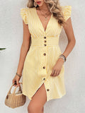 Striped Button Front Cap Sleeve Dress Canary Yellow / S