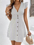 Striped Button Front Cap Sleeve Dress Gray / S
