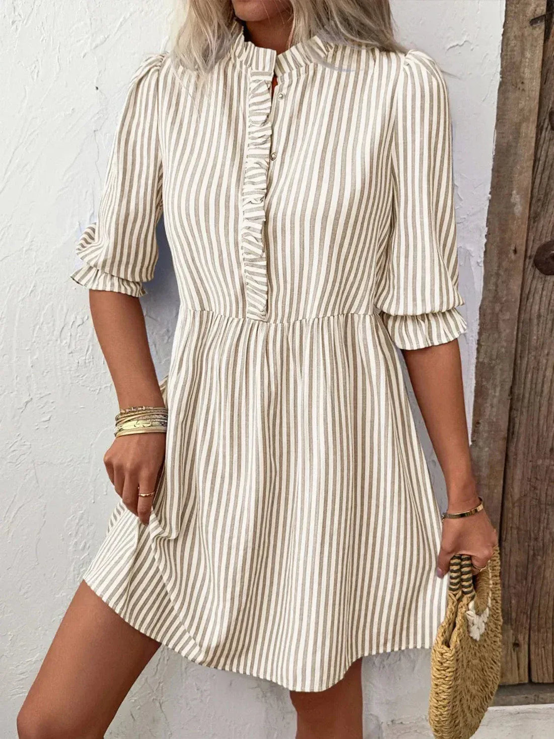 Striped Casual Dress for Women Tan / S