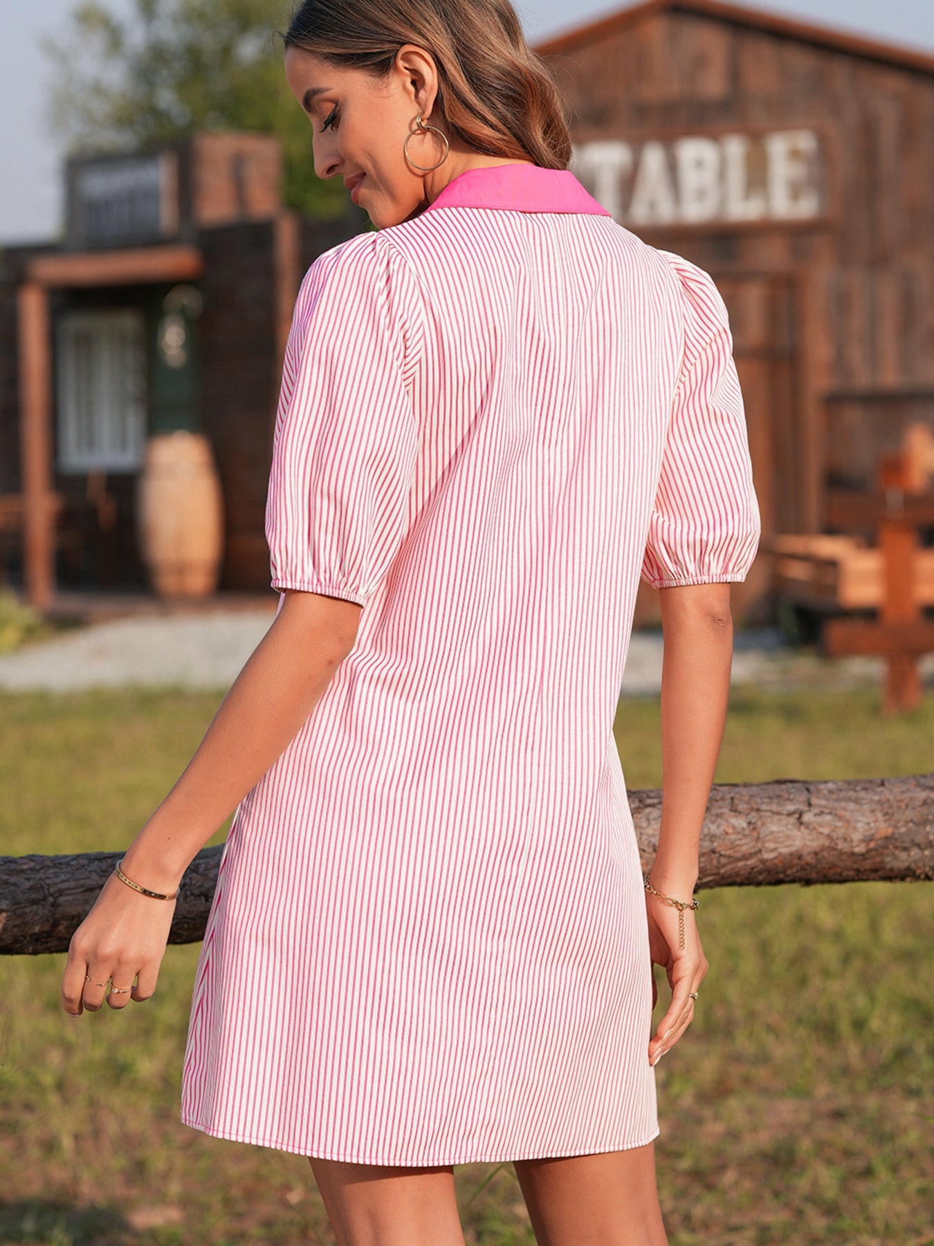 Striped Color Block Shirt Collar Mini Dress