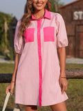 Striped Color Block Shirt Collar Mini Dress