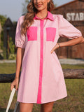 Striped Color Block Shirt Collar Mini Dress