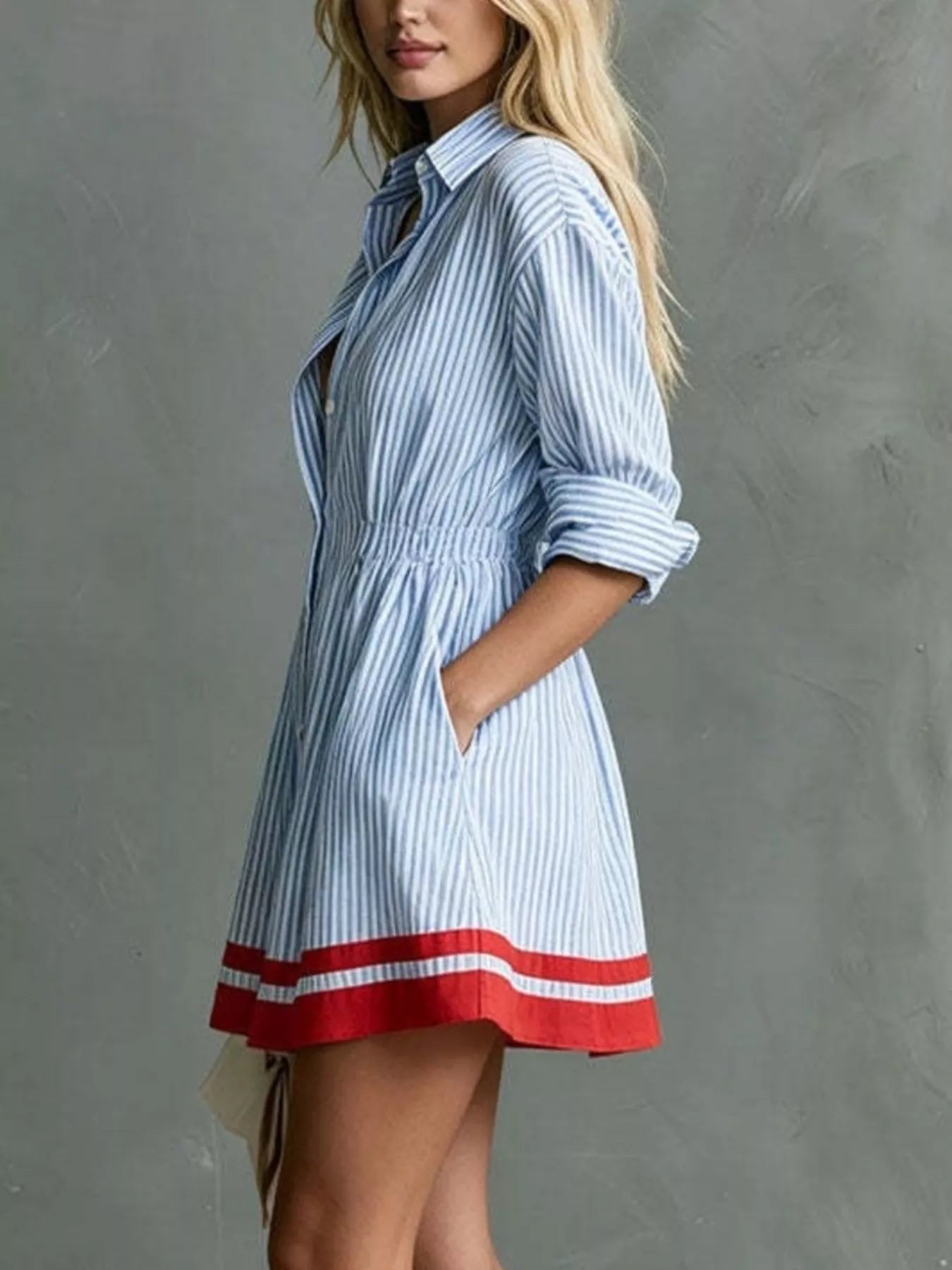 Striped Button-Down Contrast-Hem Shirt Dress - product view 6
