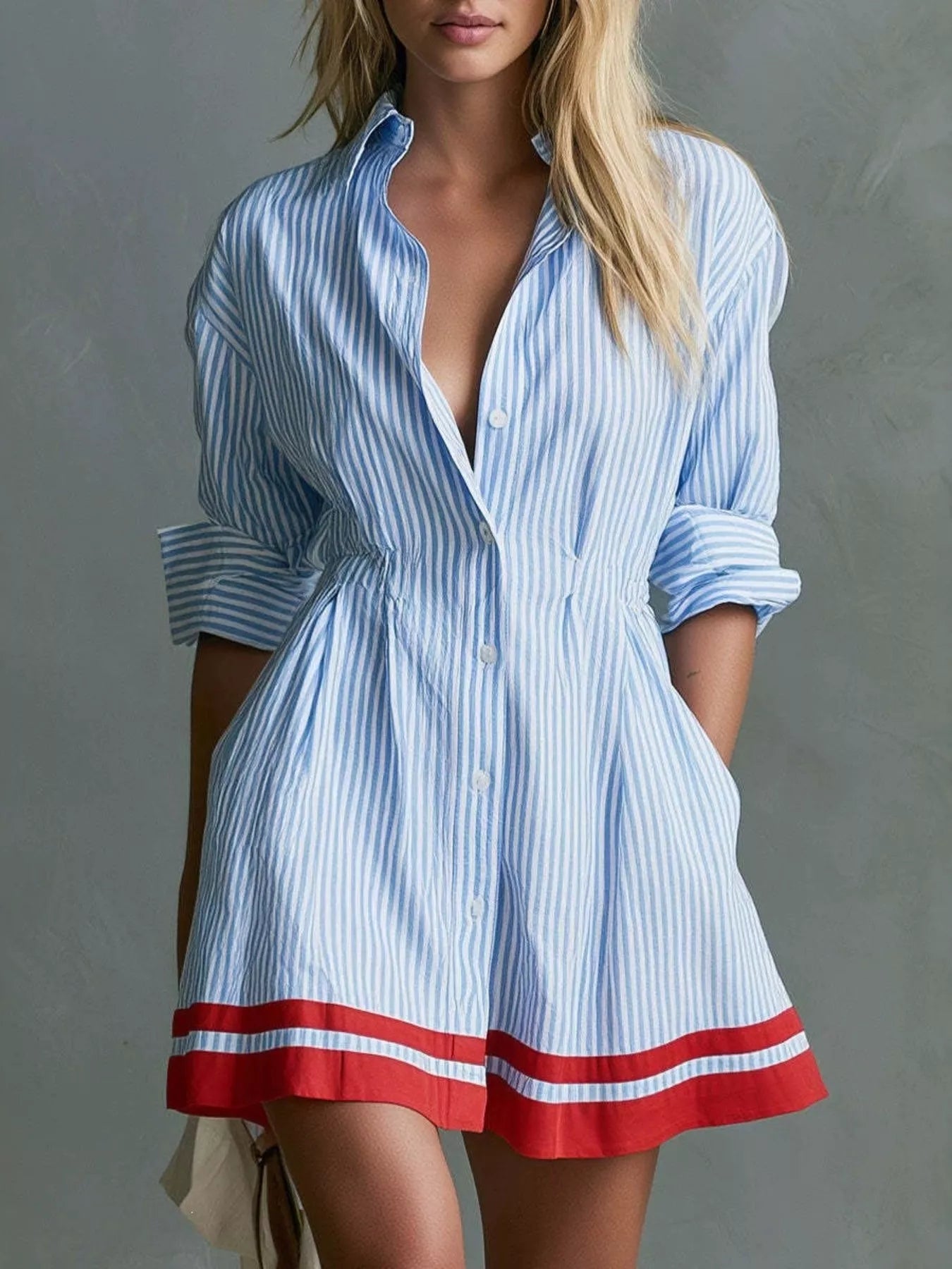 Striped Button-Down Contrast-Hem Shirt Dress - product view 3