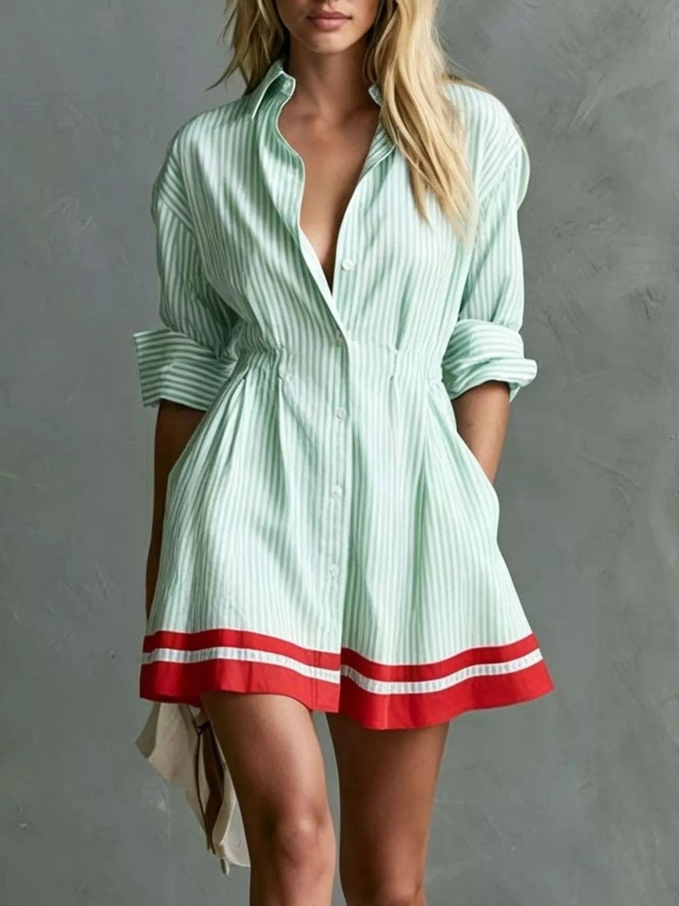 Striped Button-Down Contrast-Hem Shirt Dress - product view 10