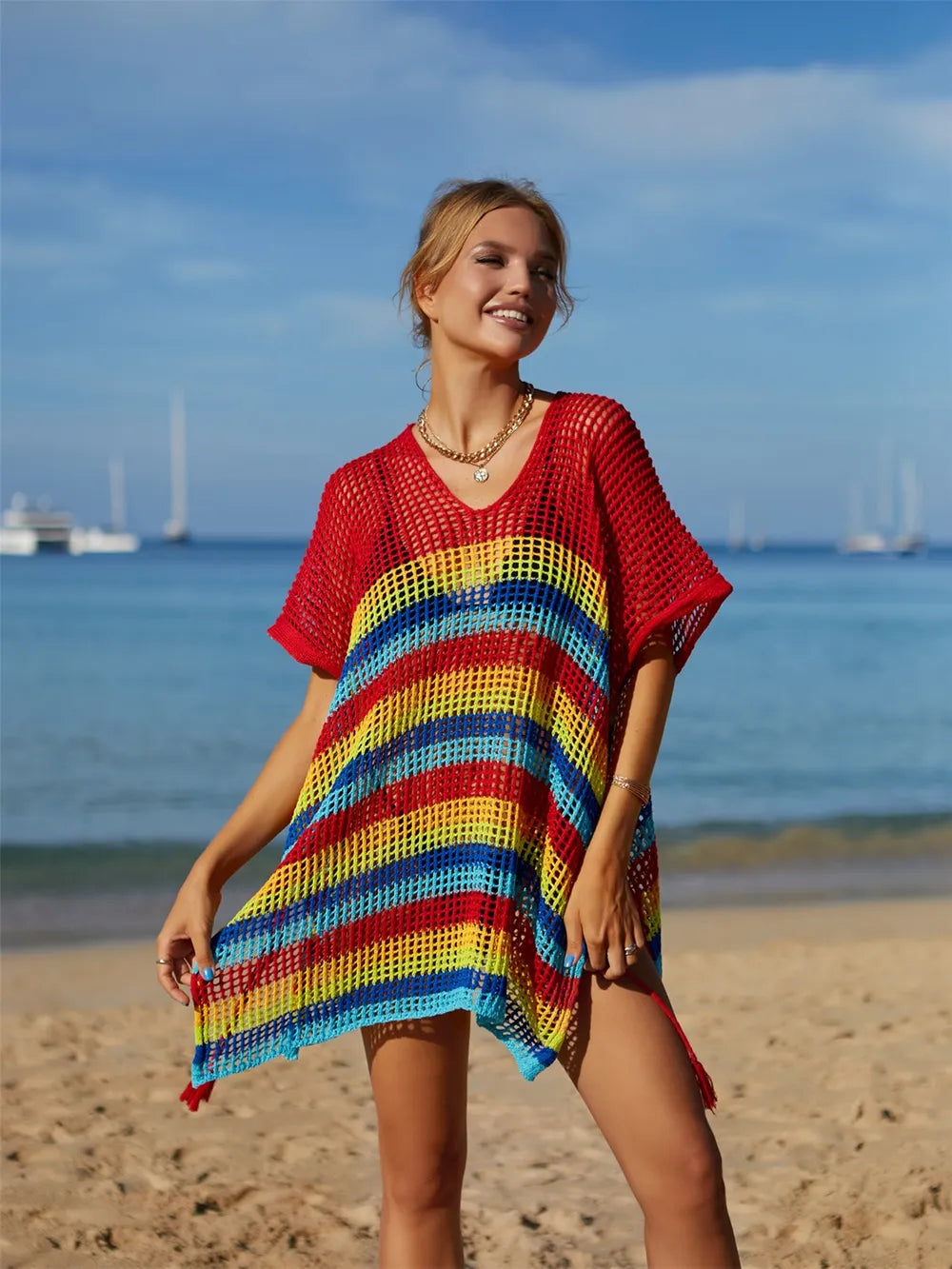 Angel Wings Striped Cutout Tassel Cover-Up