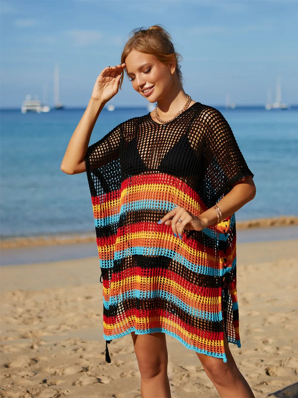 Angel Wings Striped Cutout Tassel Cover-Up
