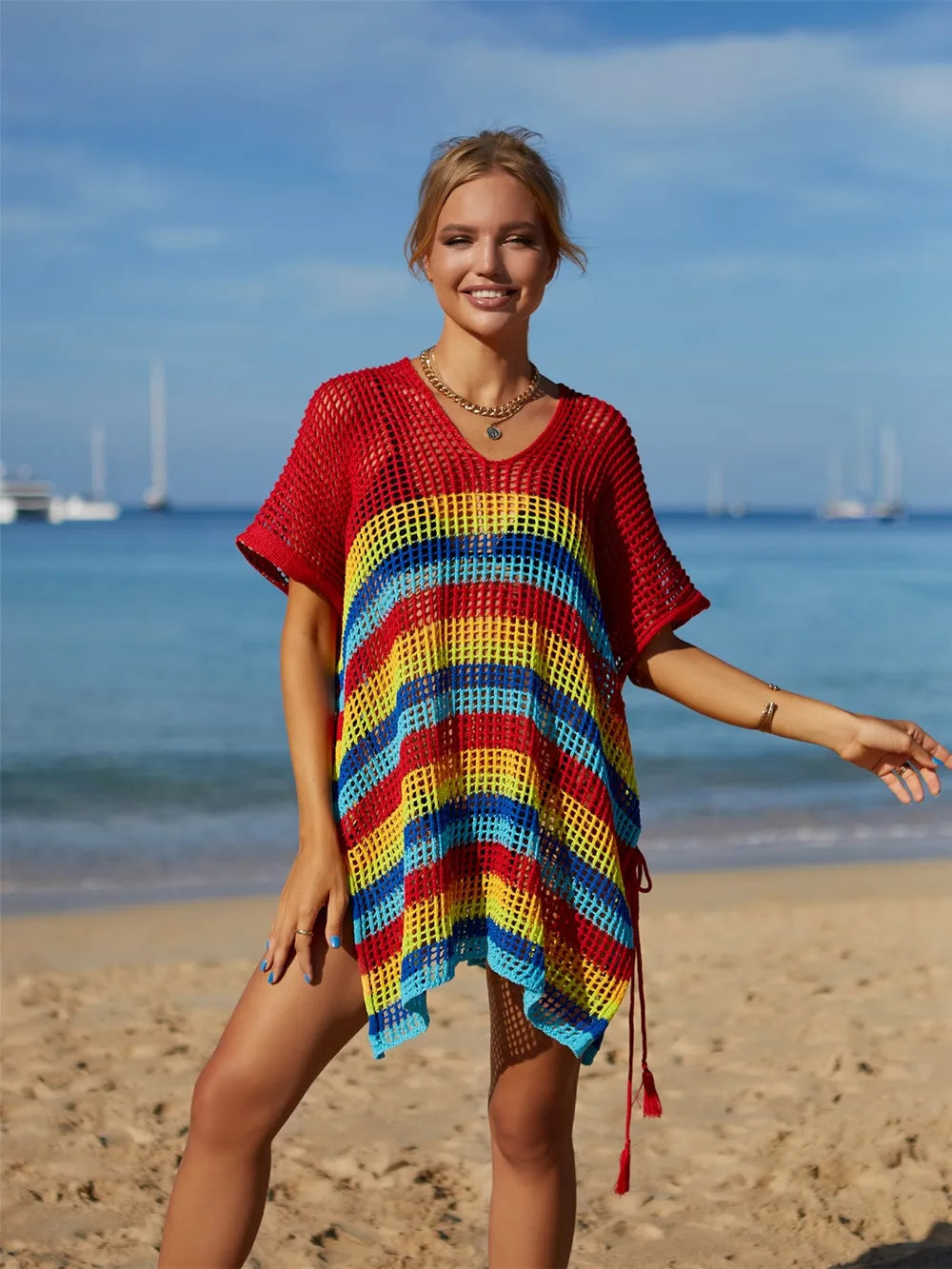 Angel Wings Striped Cutout Tassel Cover-Up