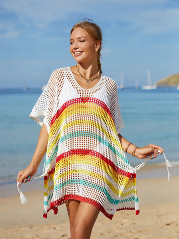 Angel Wings Striped Cutout Tassel Cover-Up Gold / One Size