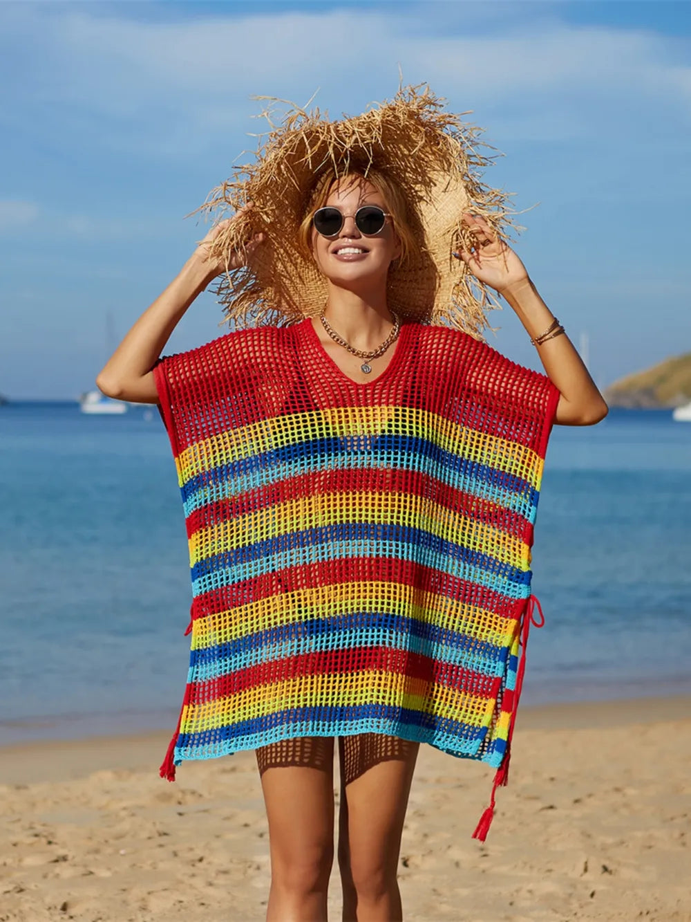Angel Wings Striped Cutout Tassel Cover-Up Red / One Size