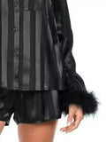 Striped Feather Trim Shirt and Shorts Lounge Set