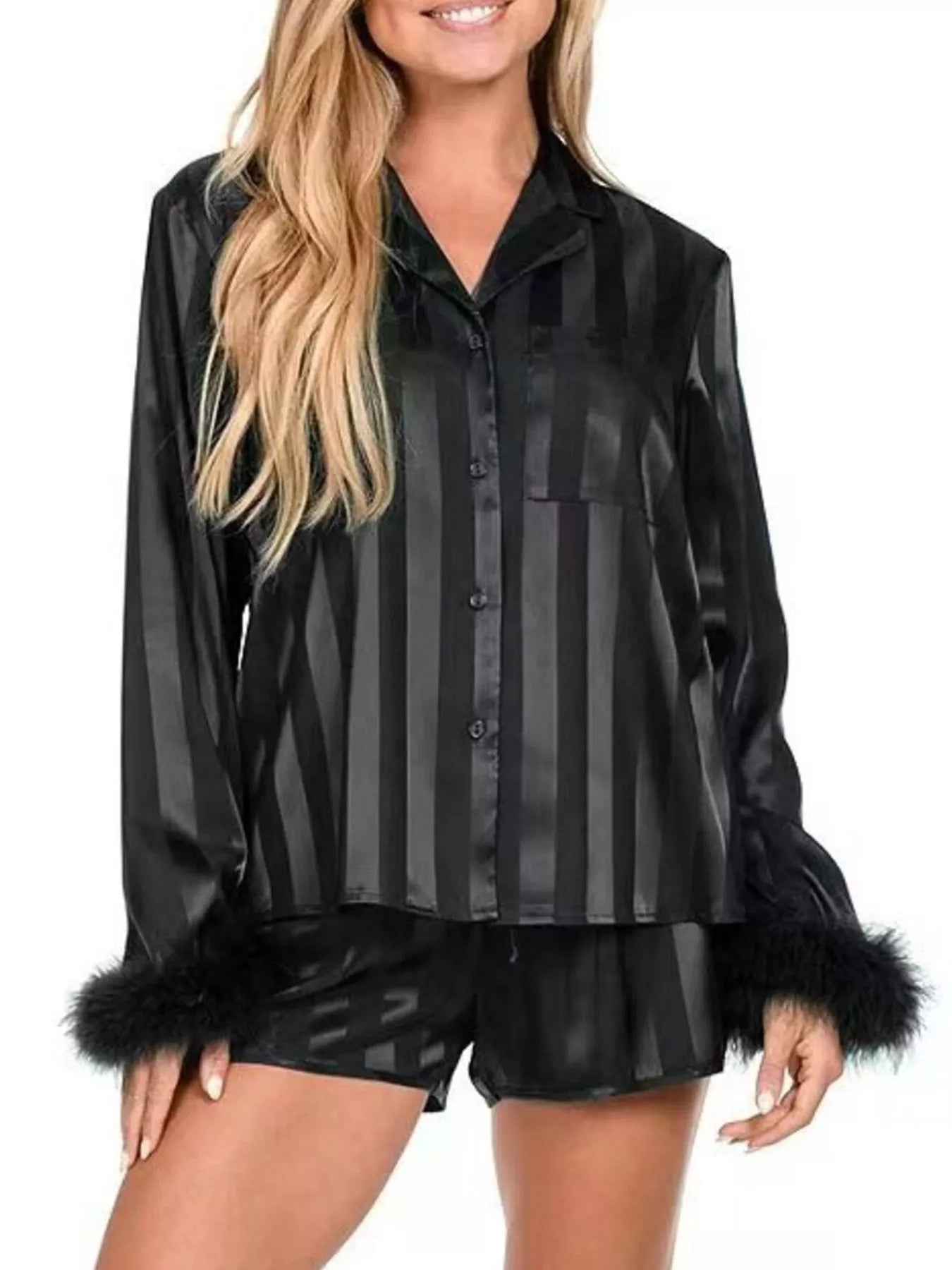 Striped Feather Trim Shirt and Shorts Lounge Set Black / S