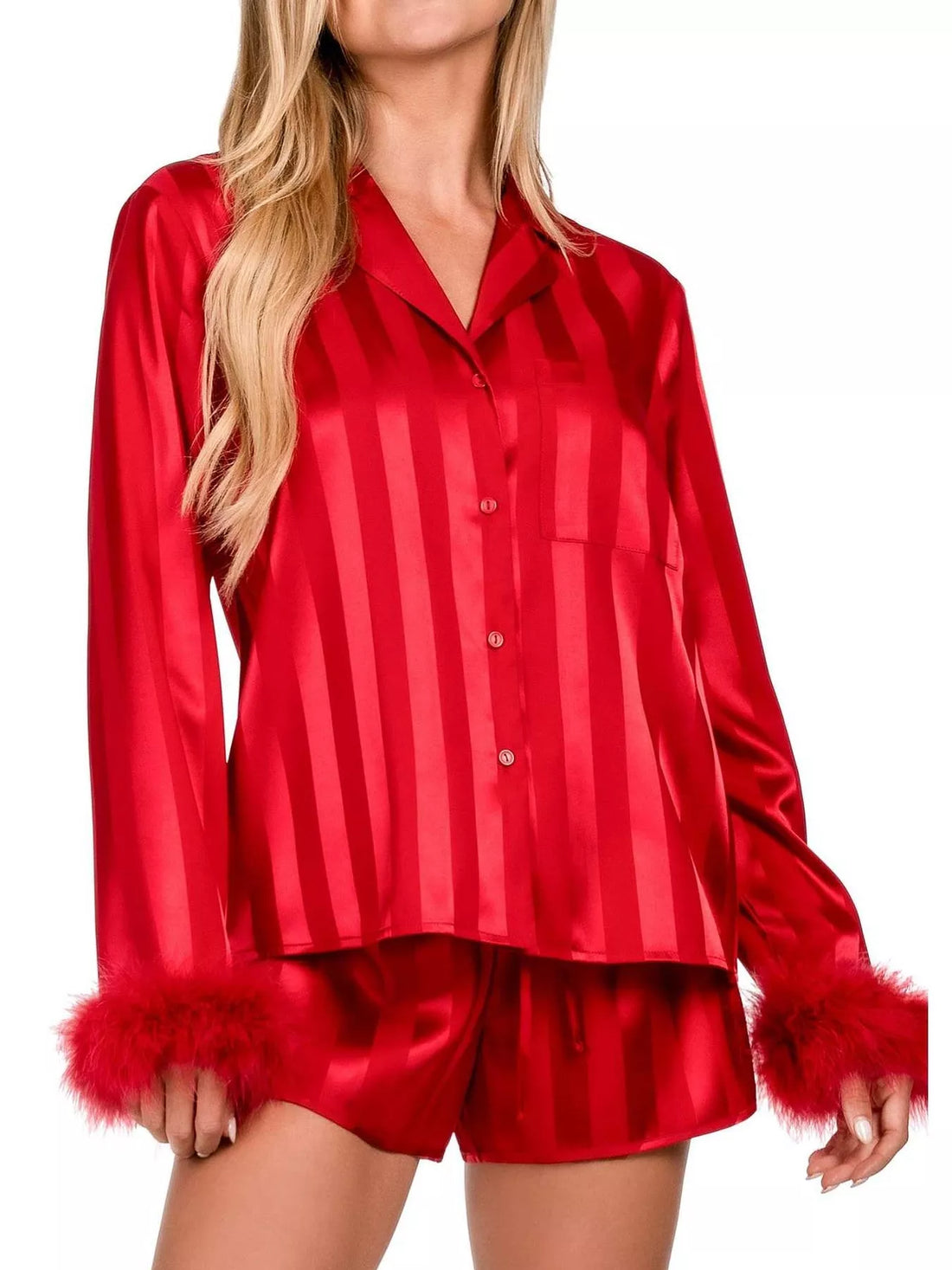 Striped Feather Trim Shirt and Shorts Lounge Set Red / S