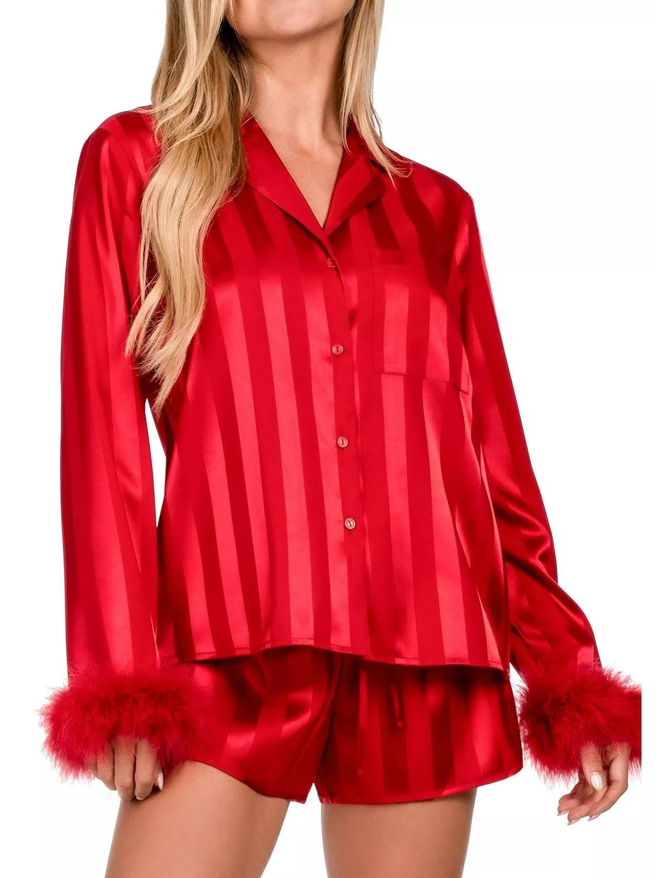 Striped Feather Trim Shirt and Shorts Lounge Set Red / S