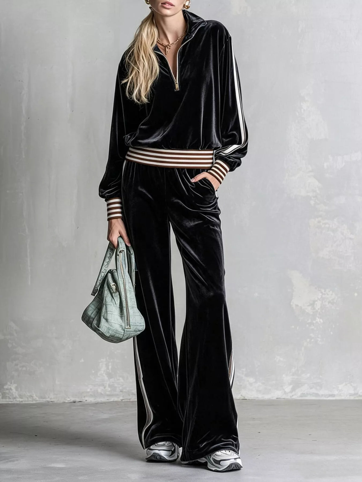 Striped Half Zip Top and Pants Set Black / S