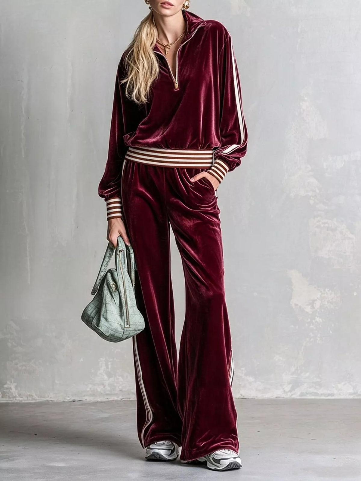 Striped Half Zip Top and Pants Set Burgundy / S