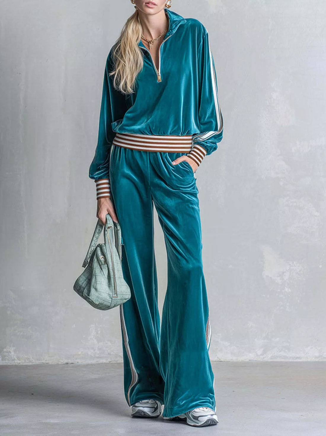 Striped Half Zip Top and Pants Set French Blue / S
